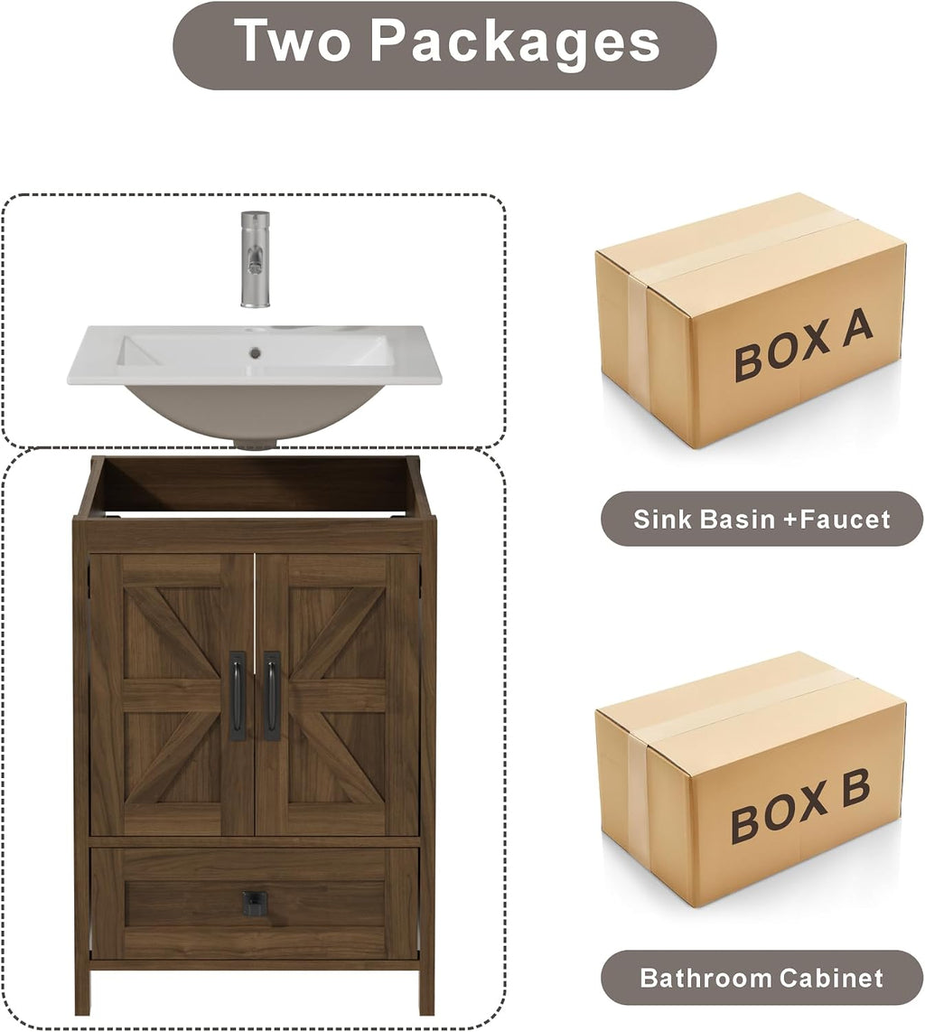 KIGOTY 24 Inch Farmhouse Vanity for Bathroom with Ceramic Sink, Vanity Sink Cabinet with Faucet, Wooden Sink Vanity, Freestanding Bathroom Sink and Cabinet, Bathroom Furniture Set