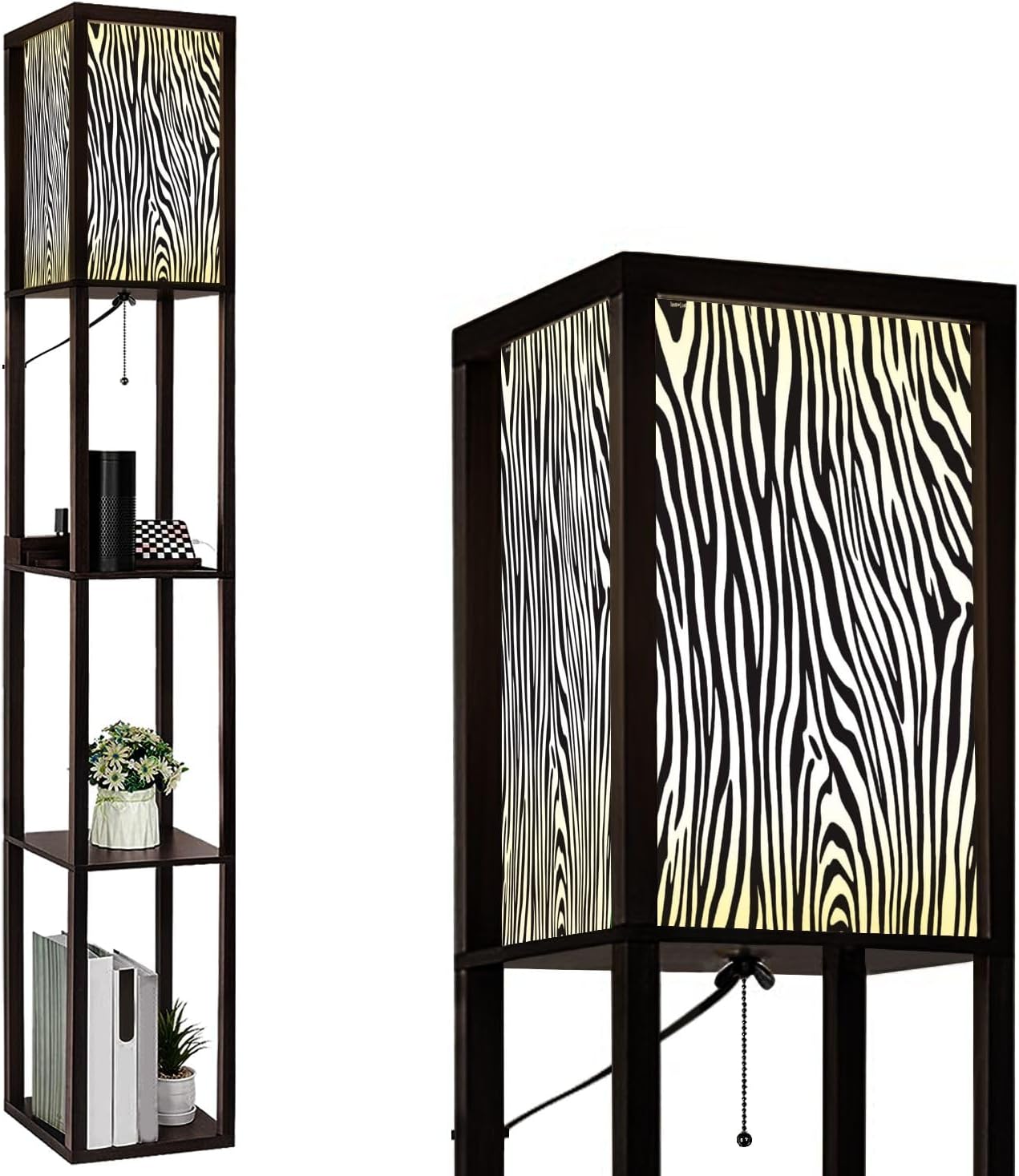 Floor Lamp with Shelves Zebra Print Pattern Standing Tall Lamp USB Ports & Power Outlet Modern Corner Lamp Nightstand Light for Living Room Bedroom