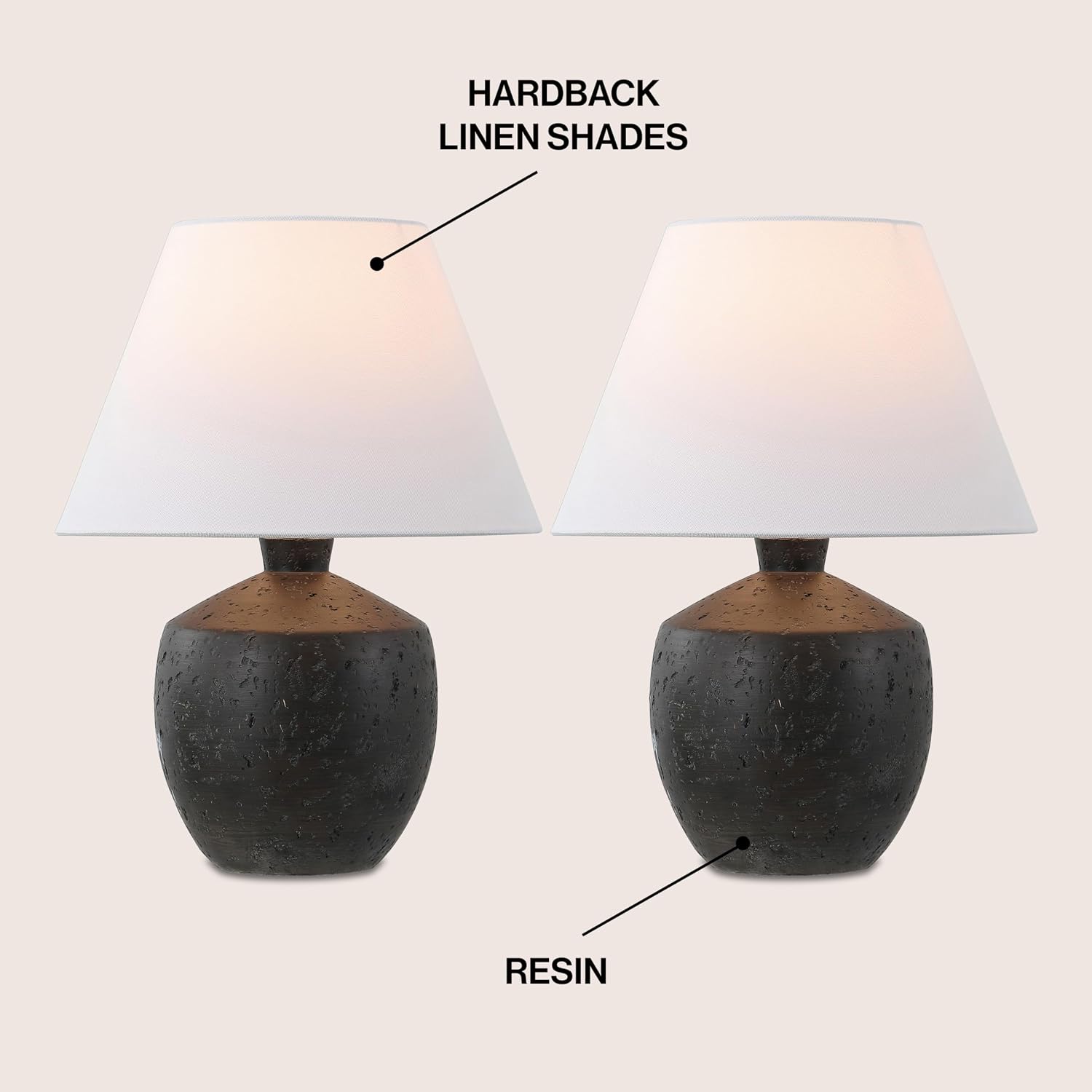 JONATHAN Y 18' Black Modern Concrete Effect Table Lamp Set of 2, Scandinavian Bedside Lamps for Bedroom Living Room, White Linen Shade, LED Bulbs Included (JYL5606B-SET2)