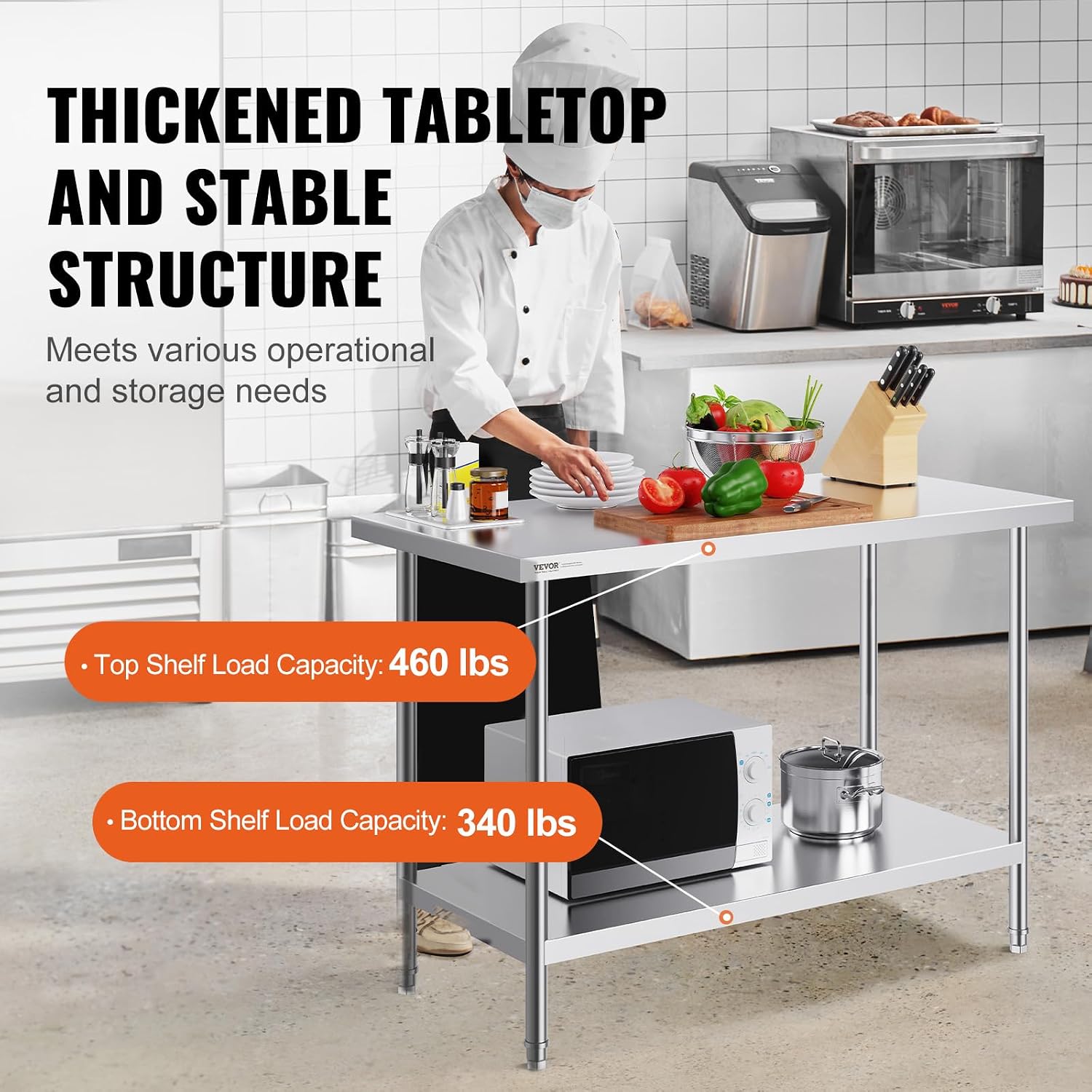 VEVOR Stainless Steel Prep Table, 24 x 48 x 34 Inch, 800 lbs Load Capacity, Heavy Duty Metal Worktable with 3 Adjustable Height Levels, Commercial Workstation for Kitchen Garage Restaurant Backyard