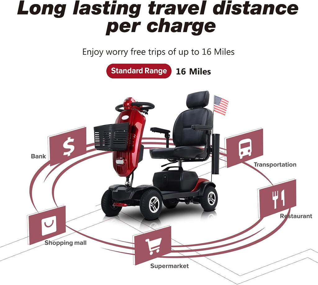 Mobility Scooters for Seniors & Adults 400 Lb Weight Foldable,All-Terrain Heavy Duty 4 Wheel Powered Scooter,Portable Disability Mobile Electric Wheelchair with Comfort Seat,15Miles,5MPH,red