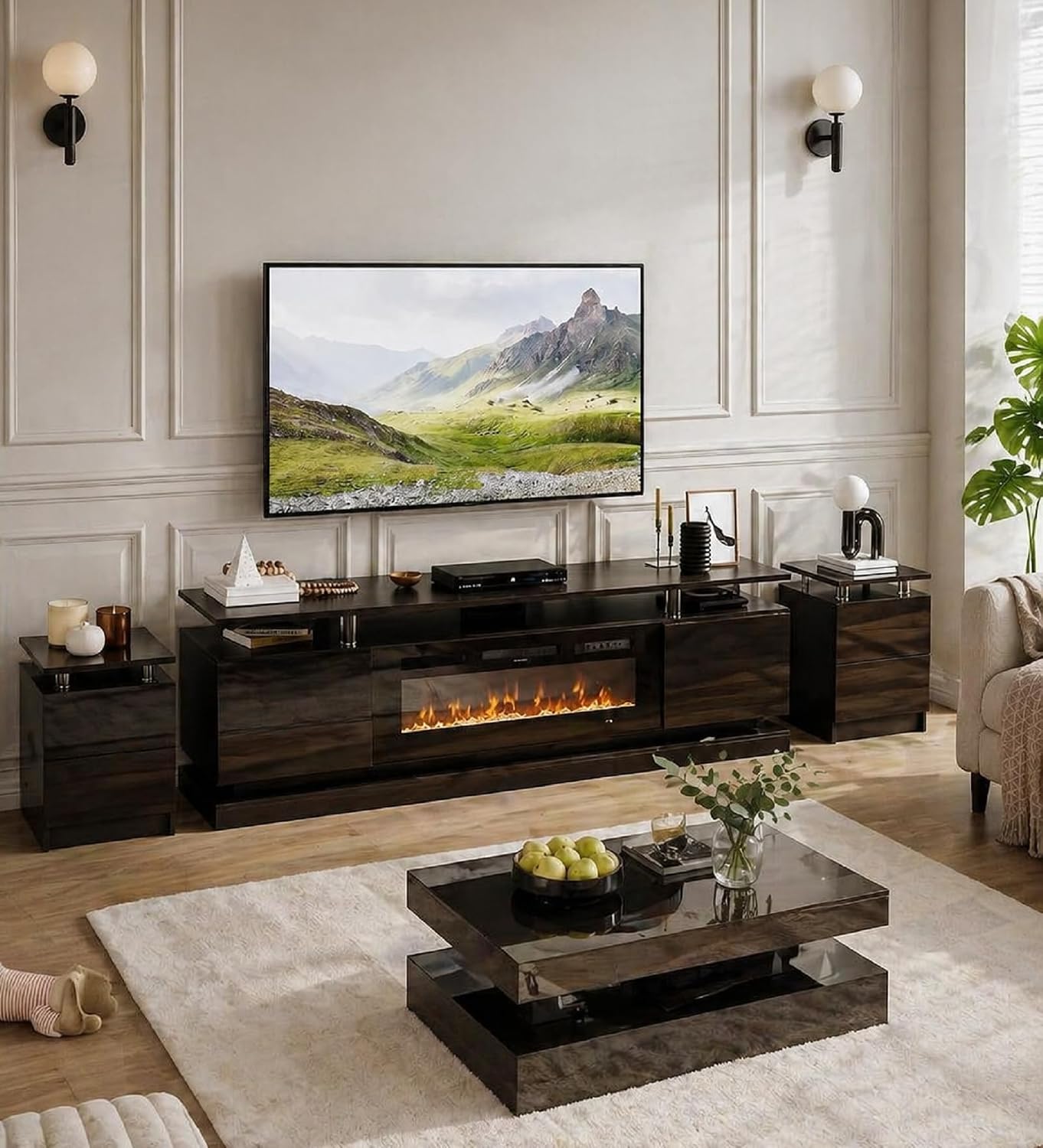 4-Piece Modern Living Room Table Set, Includes High Gloss 70' Fireplace TV Stand, 39' LED Coffee Table and 15' End Tables Set of 2 with Storage Drawers, Black