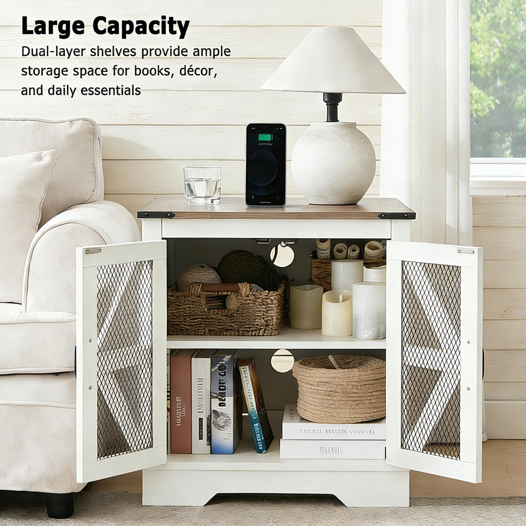 White Farmhouse End Table with Charging Station, 24' Wood Sofa Side Table with Mesh Barn Door, Rustic Nightstand with Hidden Storage for Living Room, Square
