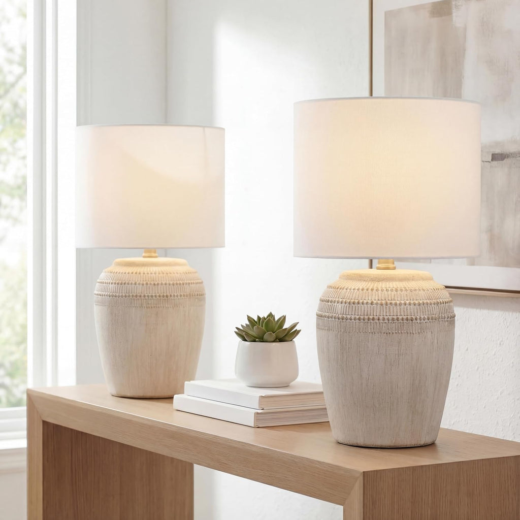 JONATHAN Y 16.75' Antique White/Nickel Ceramic Table Lamp Set of 2, Rustic Traditional Reeded Vase Lamps with White Linen Shade for Bedroom Living Room Decor (JYL5707B-SET2)