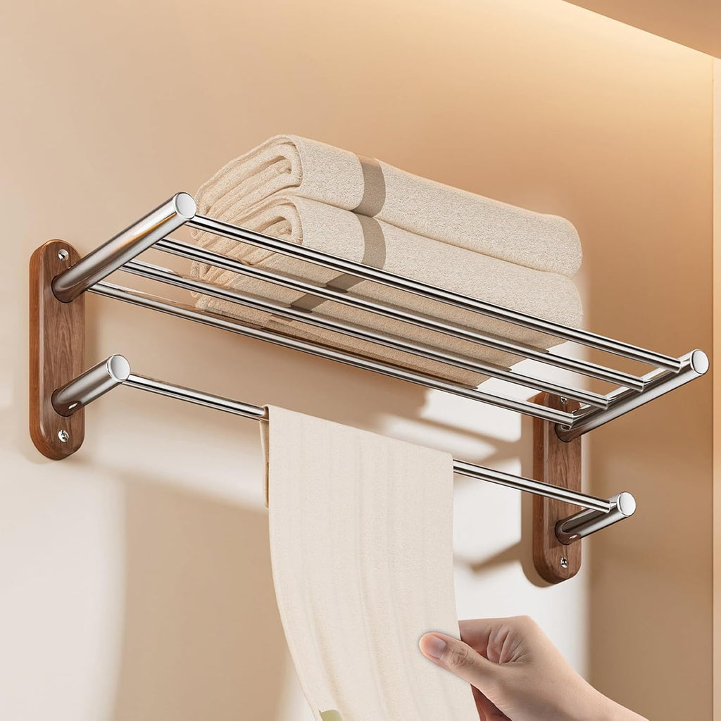 Stainless Steel+Solid Wood Towel Rack,Double Layer Bar Wall Mounted,Two Installation Methods,Bathroom Accessories,for Bedroom Bathroom Kitchen(17x18.7x50cm)