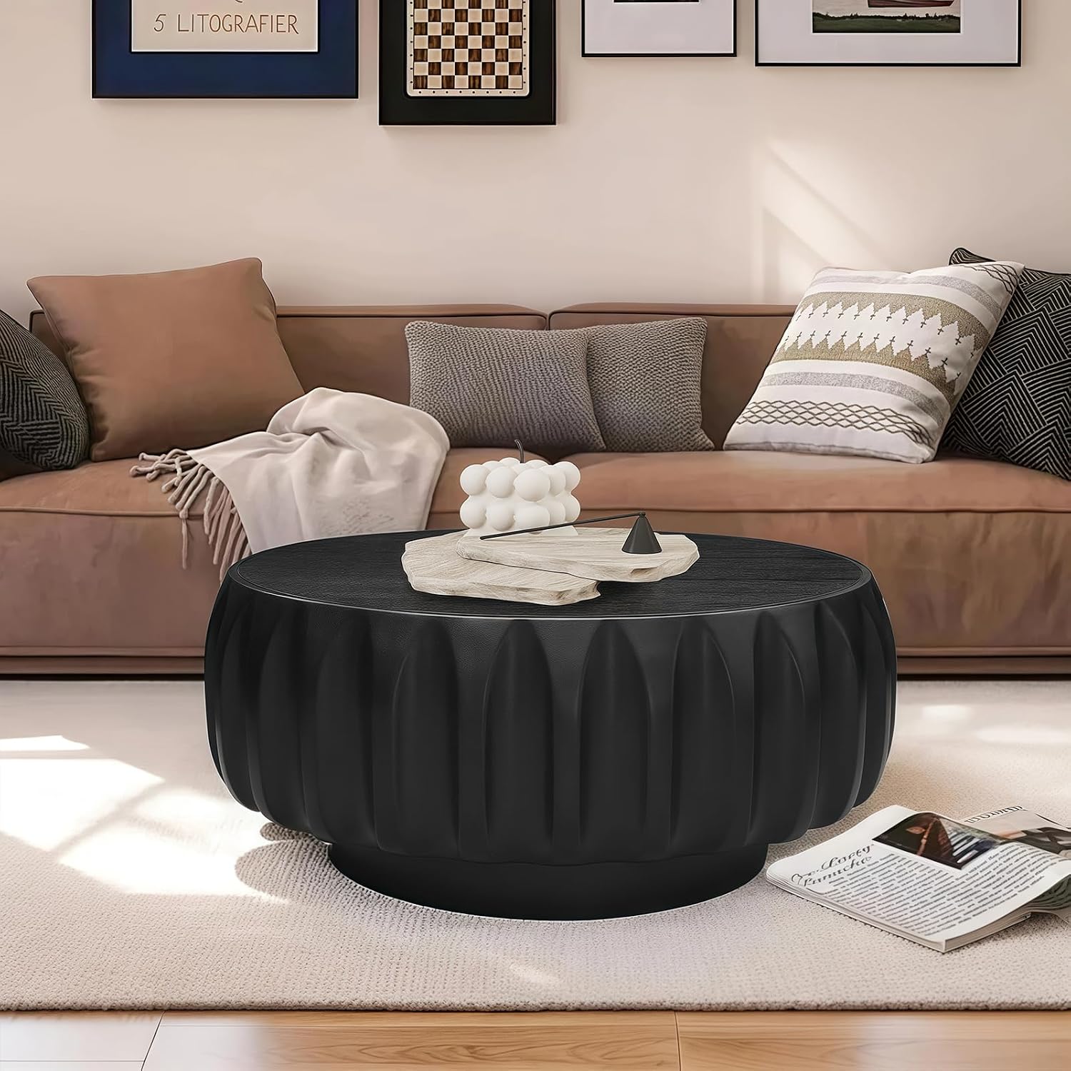 31.5'' Black Round Wood Coffee Table for Living Room, Modern Contemporary Circle Fluted Drum Pedestal Coffee Table, Natural Wood Grain & Easy Assembly, Black
