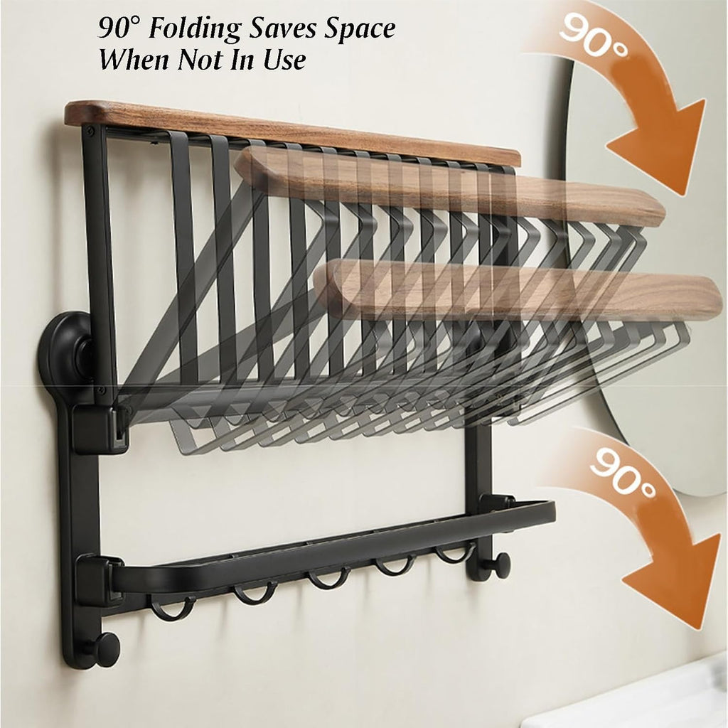 Space Aluminum+Wood Towel Rack,Double Layer Bar Wall Mounted,with Double Foldable Shelf,Mesh Basket and Hooks,for Bedroom Bathroom