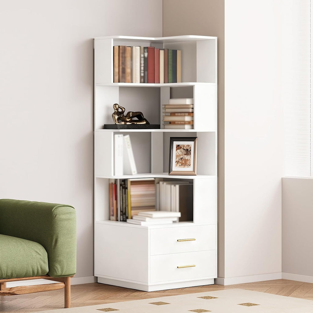 Corner Bookshelf with Drawers,66.9' L Shaped Tall Bookshelf and Bookcase,5 Tier Corner Bookcase with Storage Display Shelf Stand for Home Office, Study,Living Room, Bedroom (White-Corner Bookshelf)