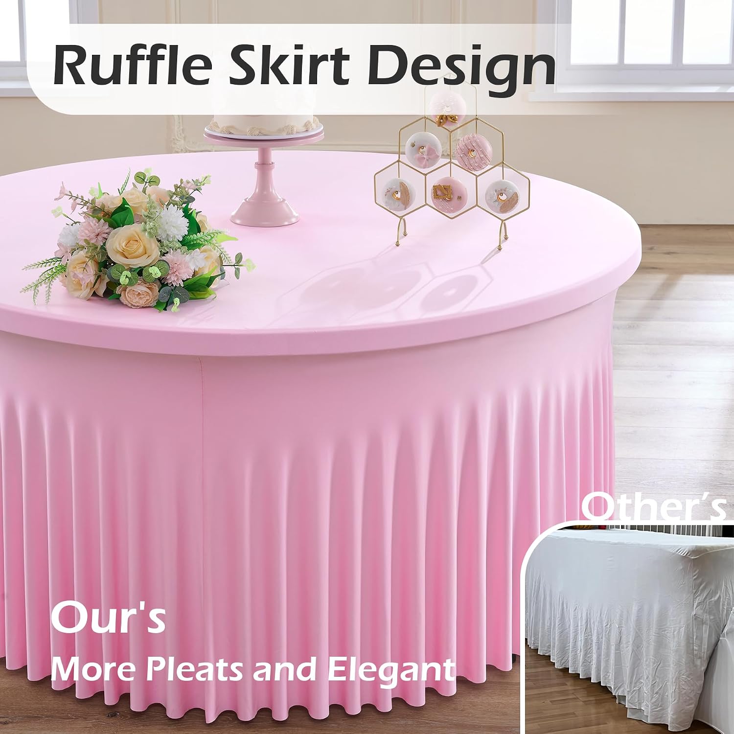 NSSONBEN 6 pk Baby Pink Round Spandex Tablecloths 60 in with Ruffled Skirt,Wrinkle Free High-Stretch 120 inch Pink Table Cloth Fitted 6ft Round Tables,Spandex Table Covers 6ft for Girl Party Banquet
