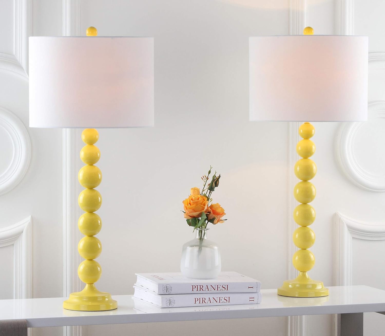 SAFAVIEH Lighting Collection Jenna Modern Contemporary Yellow Stacked Ball 32-inch Bedroom Living Room Home Office Desk Nightstand Table Lamp Set of 2 (LED Bulbs Included)