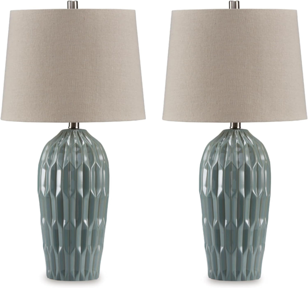 Signature Design by Ashley Hadbury Contemporary Ceramic Table Lamp Set with 3-Way Switch, Set of 2, Light Green & Beige