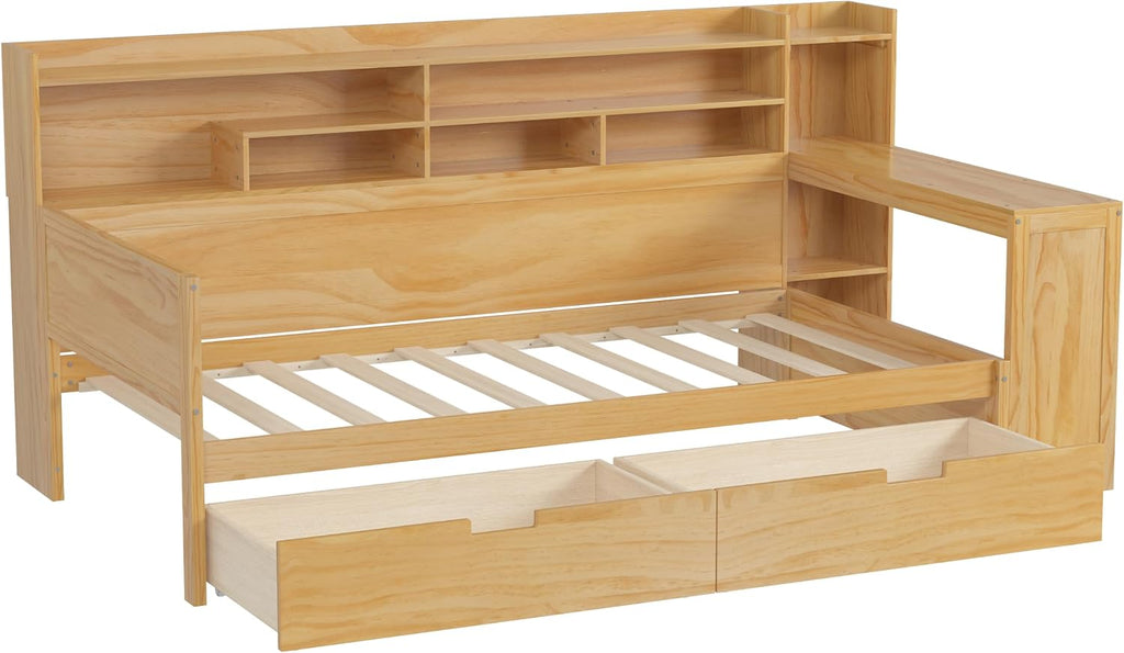 LUMISOL Twin Size Daybed with Storage Shelves & Drawers, Wooden Day Bed with Built-in Desk, Space Saving Corner Bed Frame for Living Room, Guest Room, No Box Spring Needed, Natural