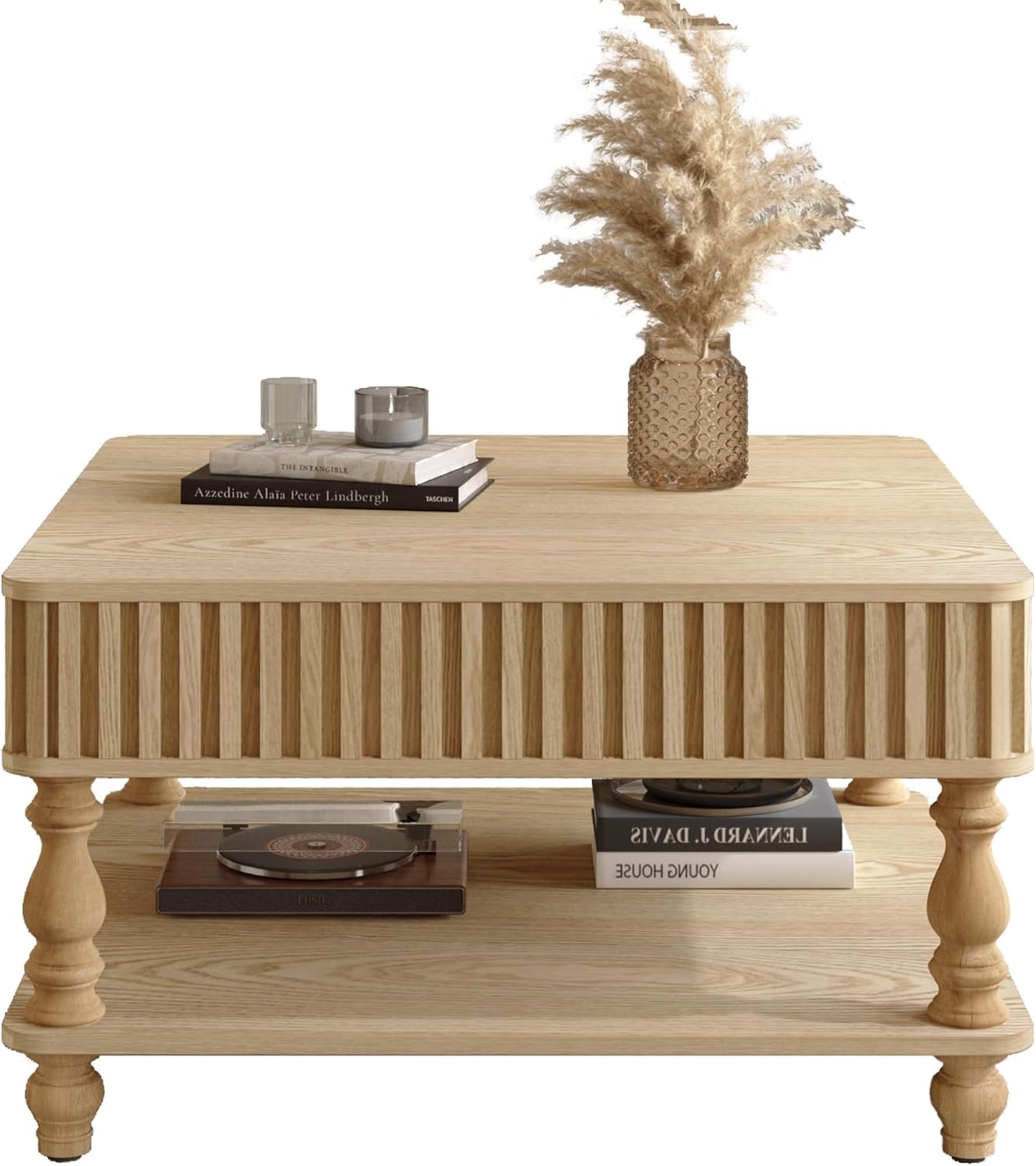 HARR Lift Top Square Coffee Table with Storage, 31.5'' Sofa Side End Table, Fluted Design Hydraulic Raising Mechanism, Hidden Compartment & Open Shelf, Retro Solid Wood Legs for Living Room, Natural