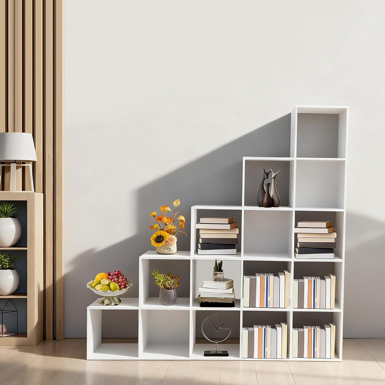Ladder Cube Storage Bookcase 15-Cube Organizer for Home & Office L-Shaped Corner Shelf Freestanding L-Shaped Stepped Bookcase for Living Room Bedroom (White, 15-Cube)