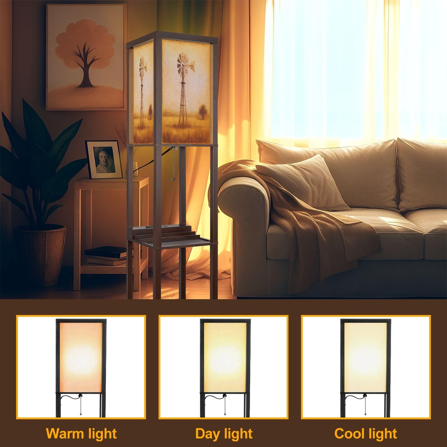 Floor Lamp with Shelves Rustic Windmill Golden Prairie Landscape Standing Tall Lamp USB Ports & Power Outlet Modern Corner Lamp Nightstand Light for Living Room Bedroom