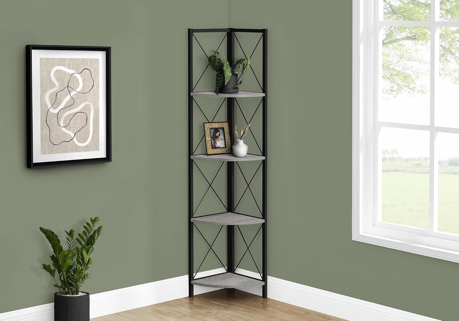 Bookshelf, Bookcase, Etagere, Corner, 4 Tier, 60' h, Office, Bedroom, Grey Laminate, Black Metal,