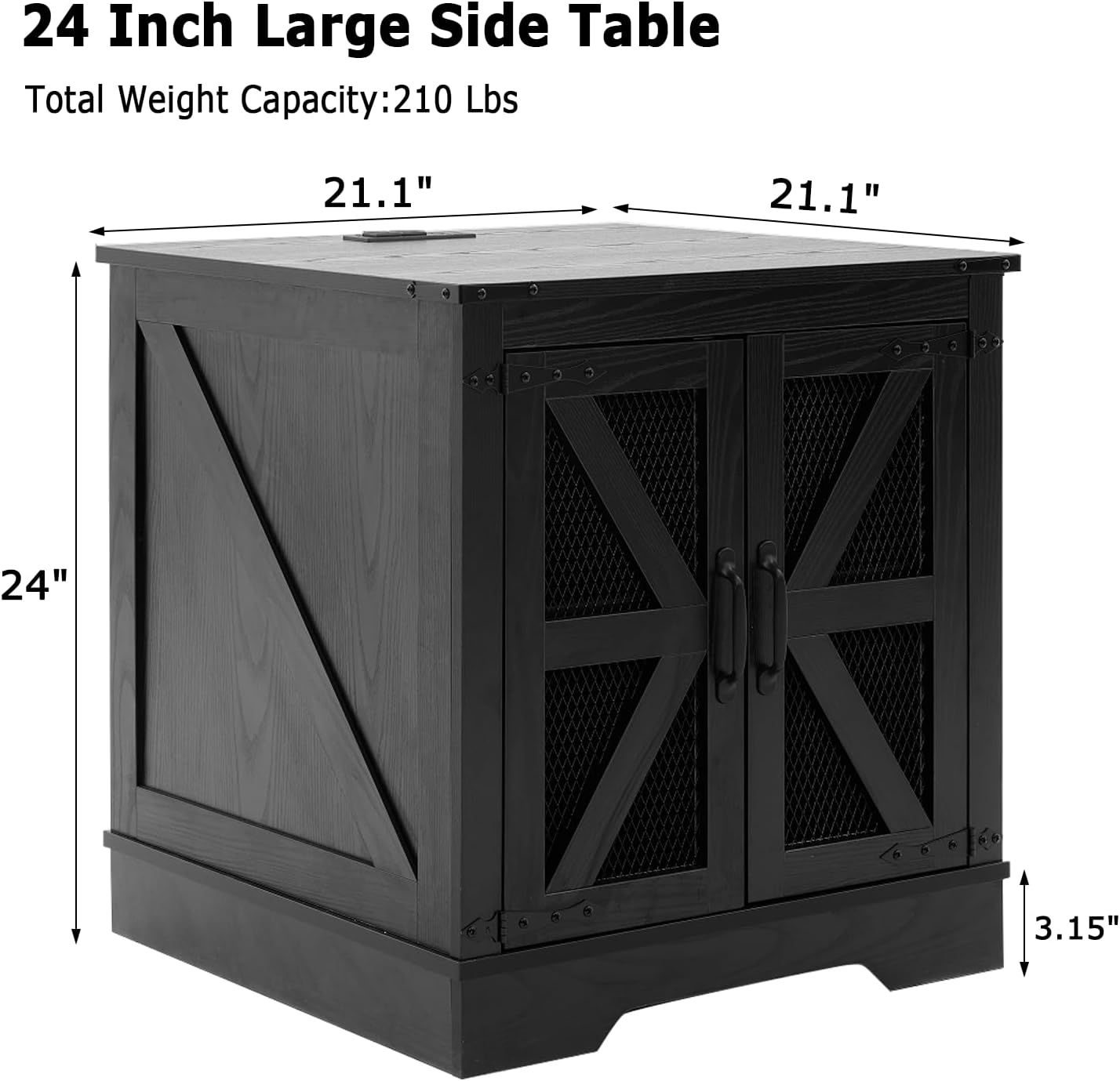 Black Farmhouse End Table Set of 2, 21' Wood Sofa Side Table with Charging Station, Rustic Nightstand with Mesh Barn Door for Living Room, Square