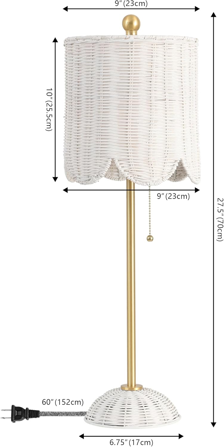 JONATHAN Y 27.5' White/Brass Gold Coastal Buffet Table Lamp Set of 2 for Bedroom, Boho Table Lamps with Natural Rattan Scalloped Shade, Pull Chain, LED Bulbs Included (JYL1138B-SET2)
