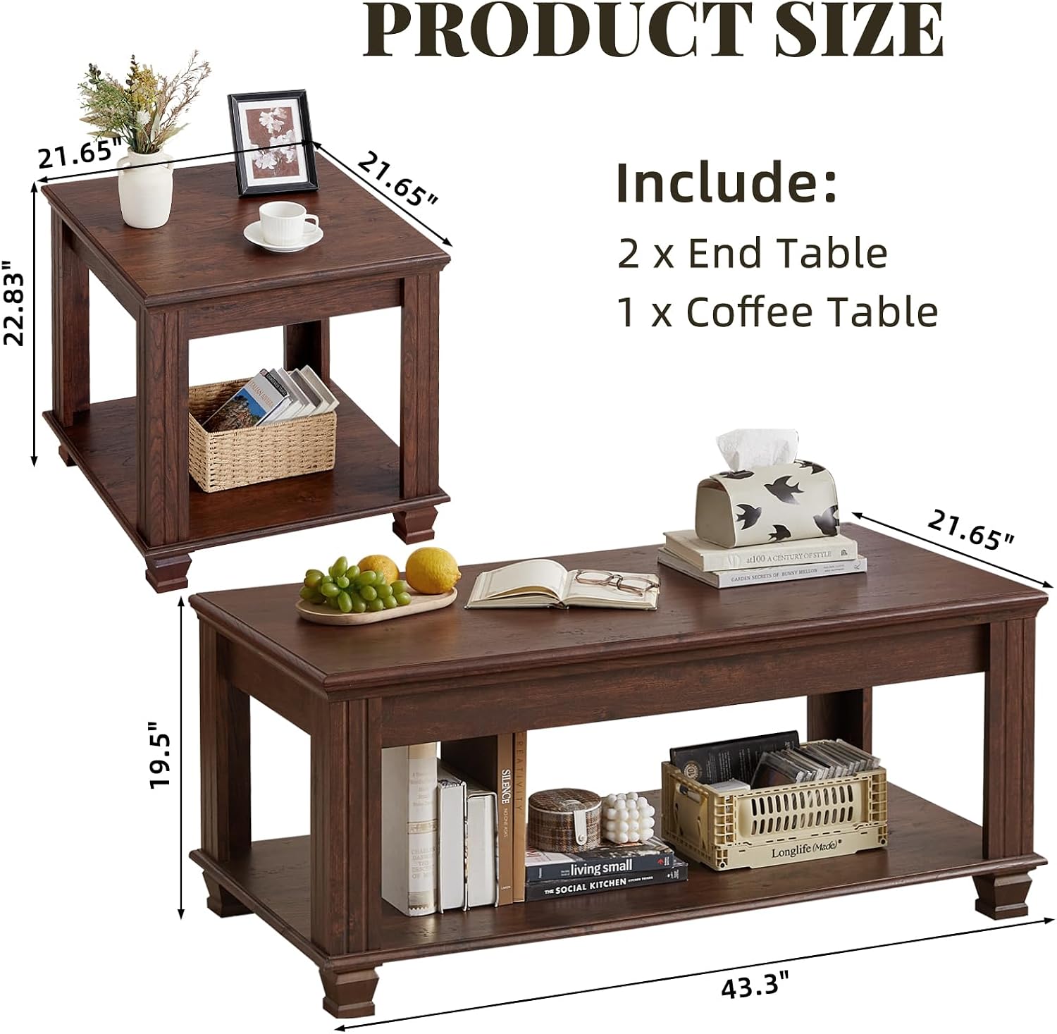 SAVOR LIFE Farmhouse Coffee Table Set of 3,Rustic Wooden Living Room Table Set,Large Coffee/End Side Tables with Open Shelf for Living Room,Walnut