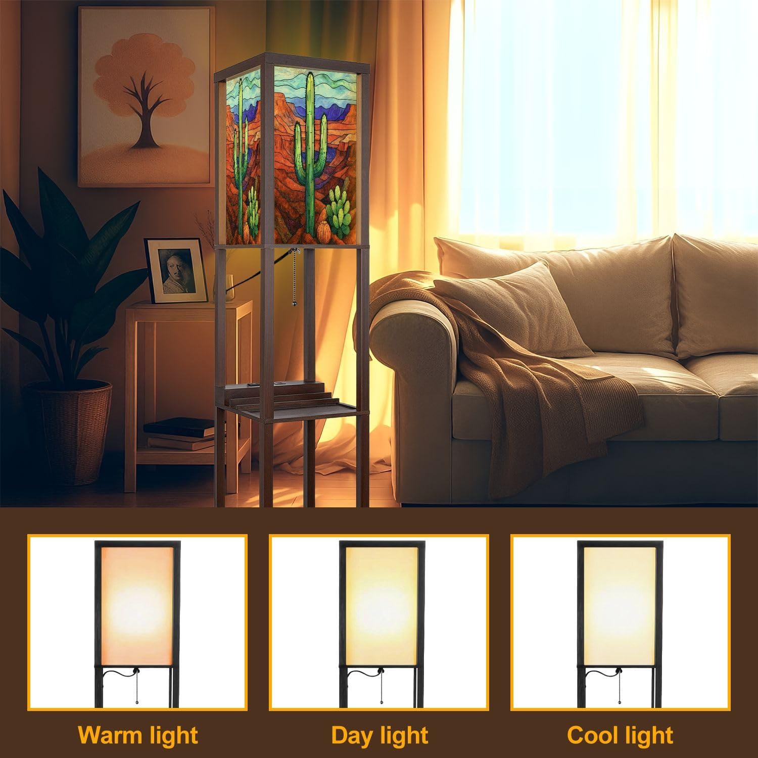 Floor Lamp with Shelves Stained Glass Decor Saguaro Cactus Desert Standing Tall Lamp USB Ports & Power Outlet Modern Corner Lamp Nightstand Light for Living Room Bedroom