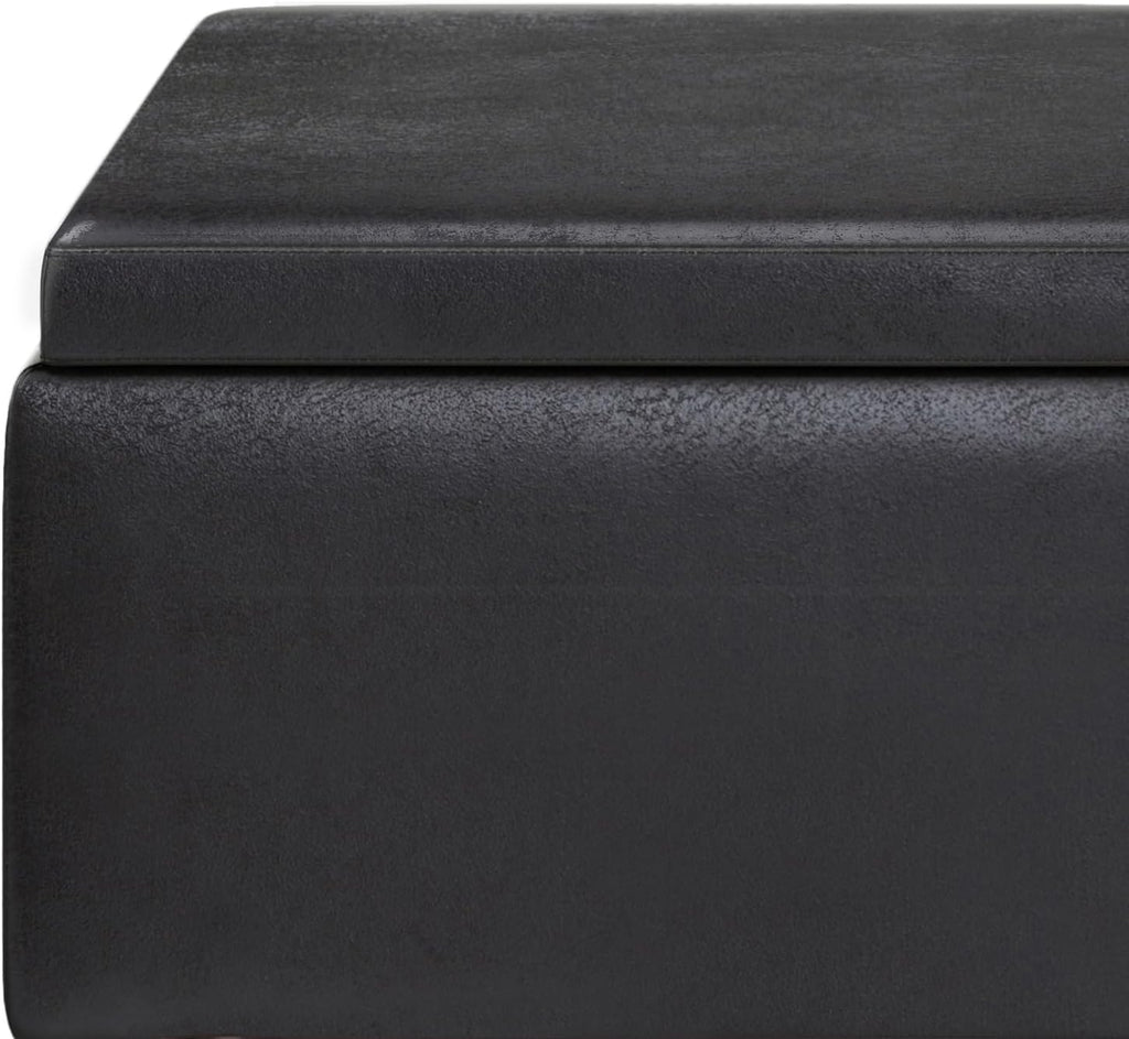 SIMPLIHOME Owen Tray Top Small Coffee Table Storage Ottoman - 34 inch Wide Upholstered Vegan Leather Rectangular Flip-Top Ottoman in Distressed Black, Mid-Century Ottoman for Living Room