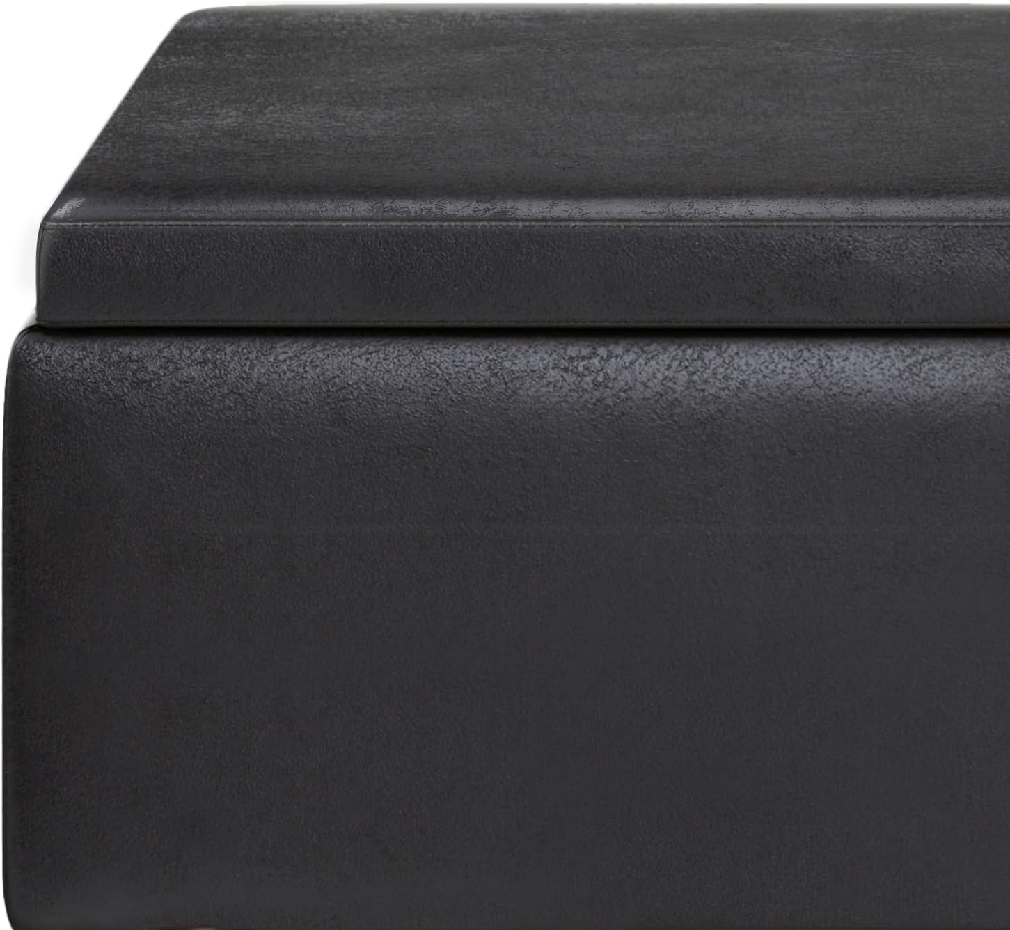 SIMPLIHOME Owen Tray Top Small Coffee Table Storage Ottoman - 34 inch Wide Upholstered Vegan Leather Rectangular Flip-Top Ottoman in Distressed Black, Mid-Century Ottoman for Living Room