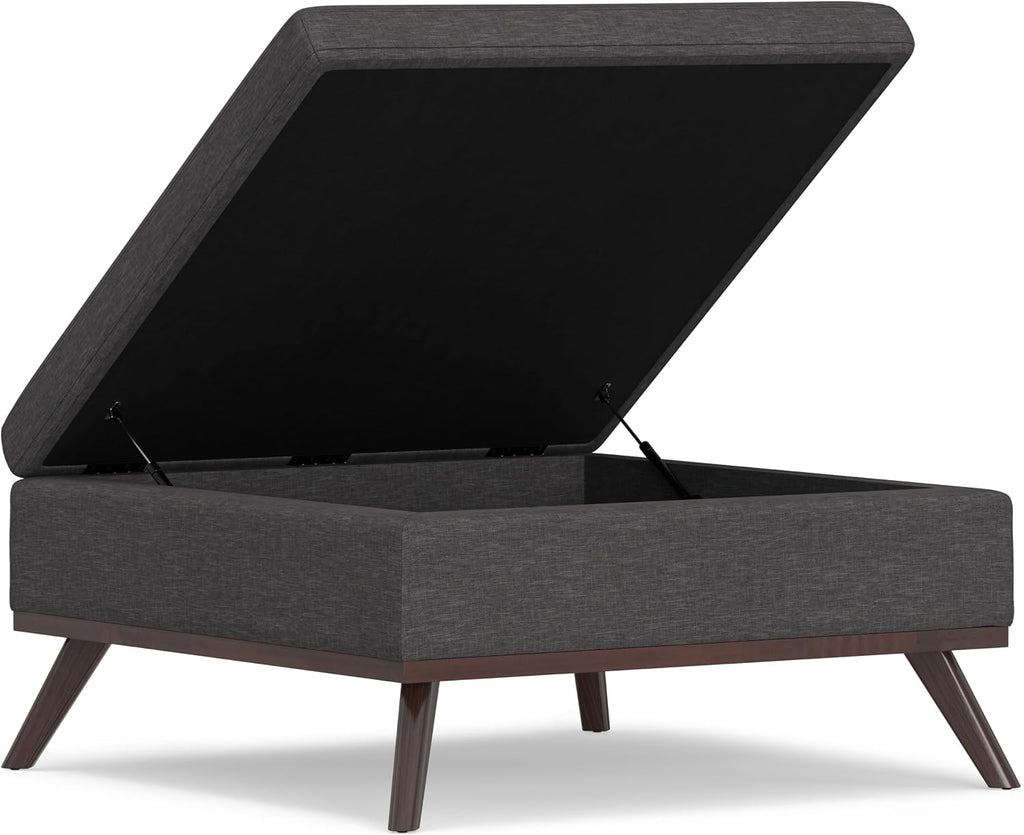 SIMPLIHOME Owen 36 inch Wide Mid Century Modern Square Coffee Table Storage Ottoman in Slate Grey Linen Look Fabric, Assembled, for the Living Room, Entryway and Family Room