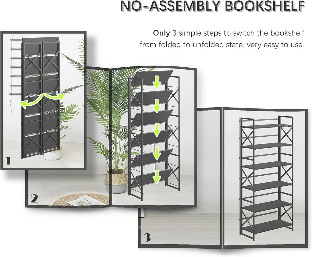 4NM 6 Tiers No Assembly Book Shelves, 61.8' H Folding Bookshelf Bookcase Open Industrial Foldable Shelves for Bedroom, Living Room, Home Office - All Black
