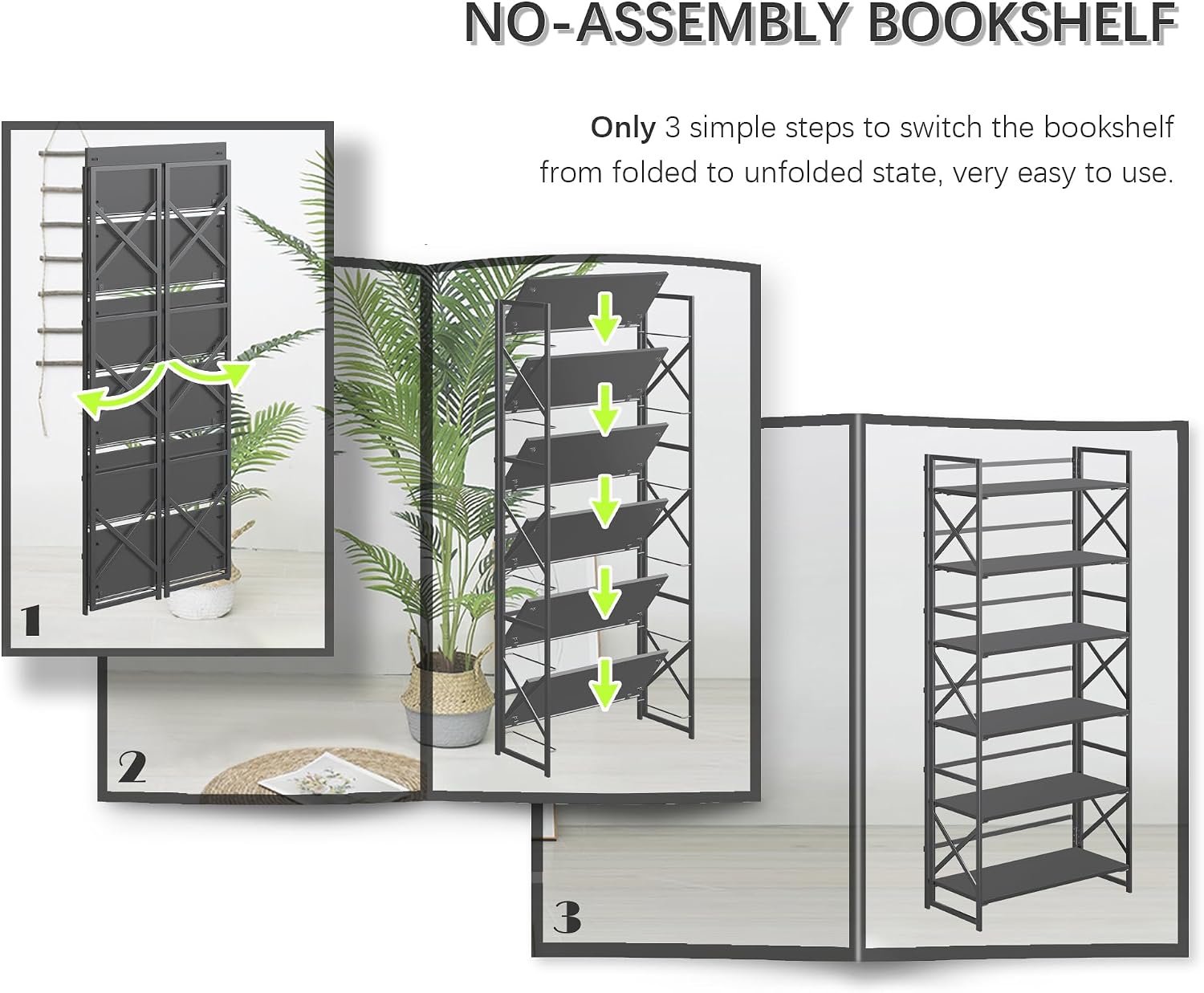 4NM 6 Tiers No Assembly Book Shelves, 61.8' H Folding Bookshelf Bookcase Open Industrial Foldable Shelves for Bedroom, Living Room, Home Office - All Black