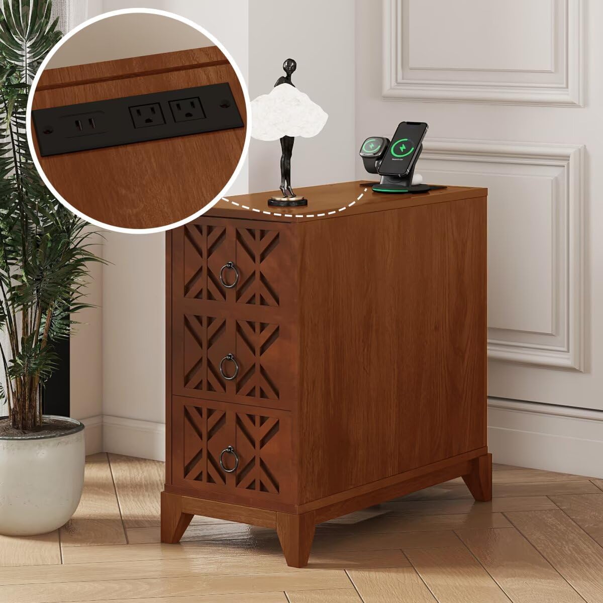JIJIWANG 23.6' L End Table with 3 Drawers, Corner Table with 2 Open Shelves, Tall Side Table for Bedroom and Corner, Walnut,Expect Arrival Date, Natural