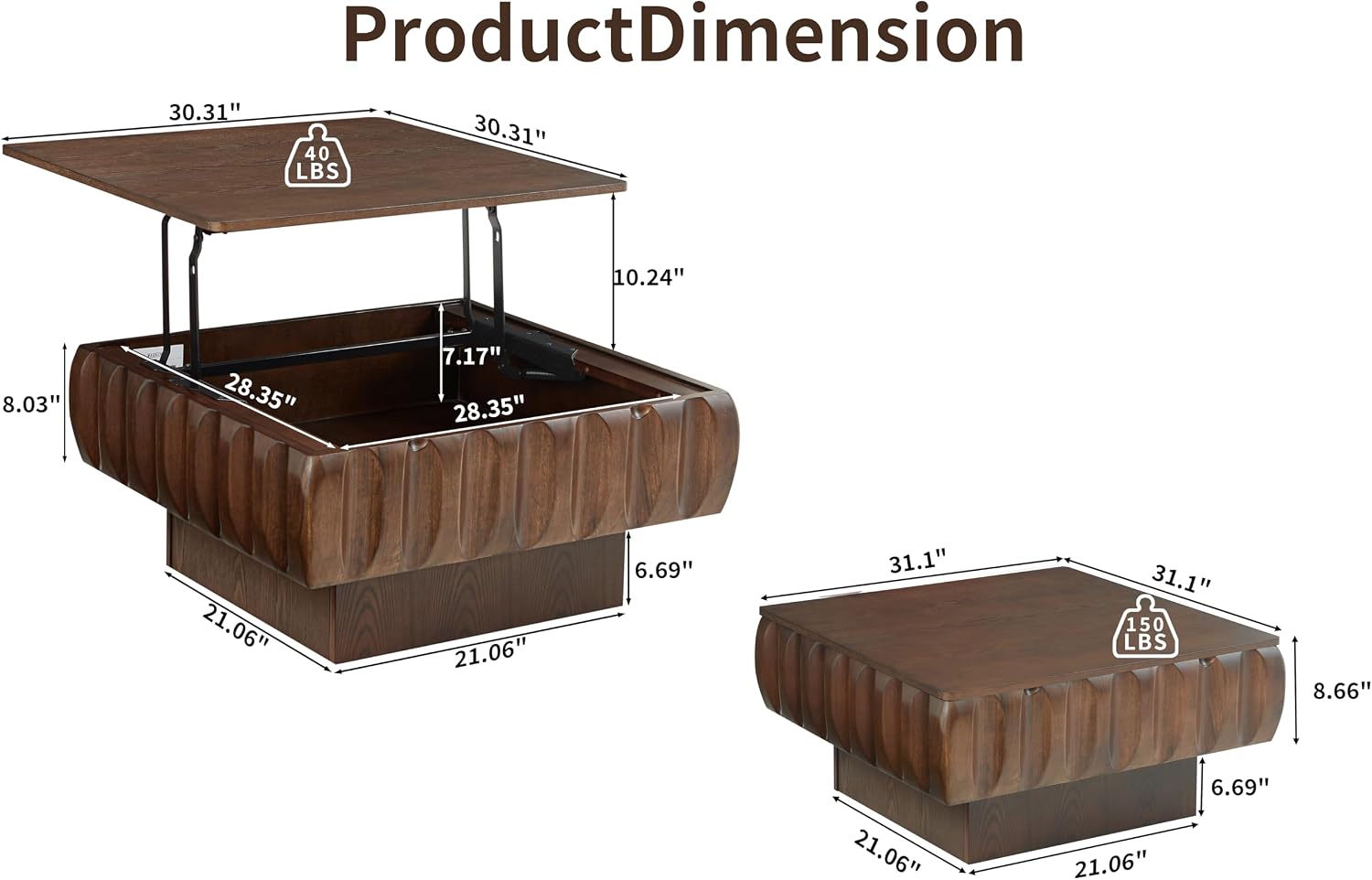 LKTART 31' Lift Top Coffee Table for Living Room, Fluted Coffee Table with Hidden Storage Compartment, Mid Century Modern Solid Wood Veneer Square Center Table for Office Apartment Small Space, Walnut