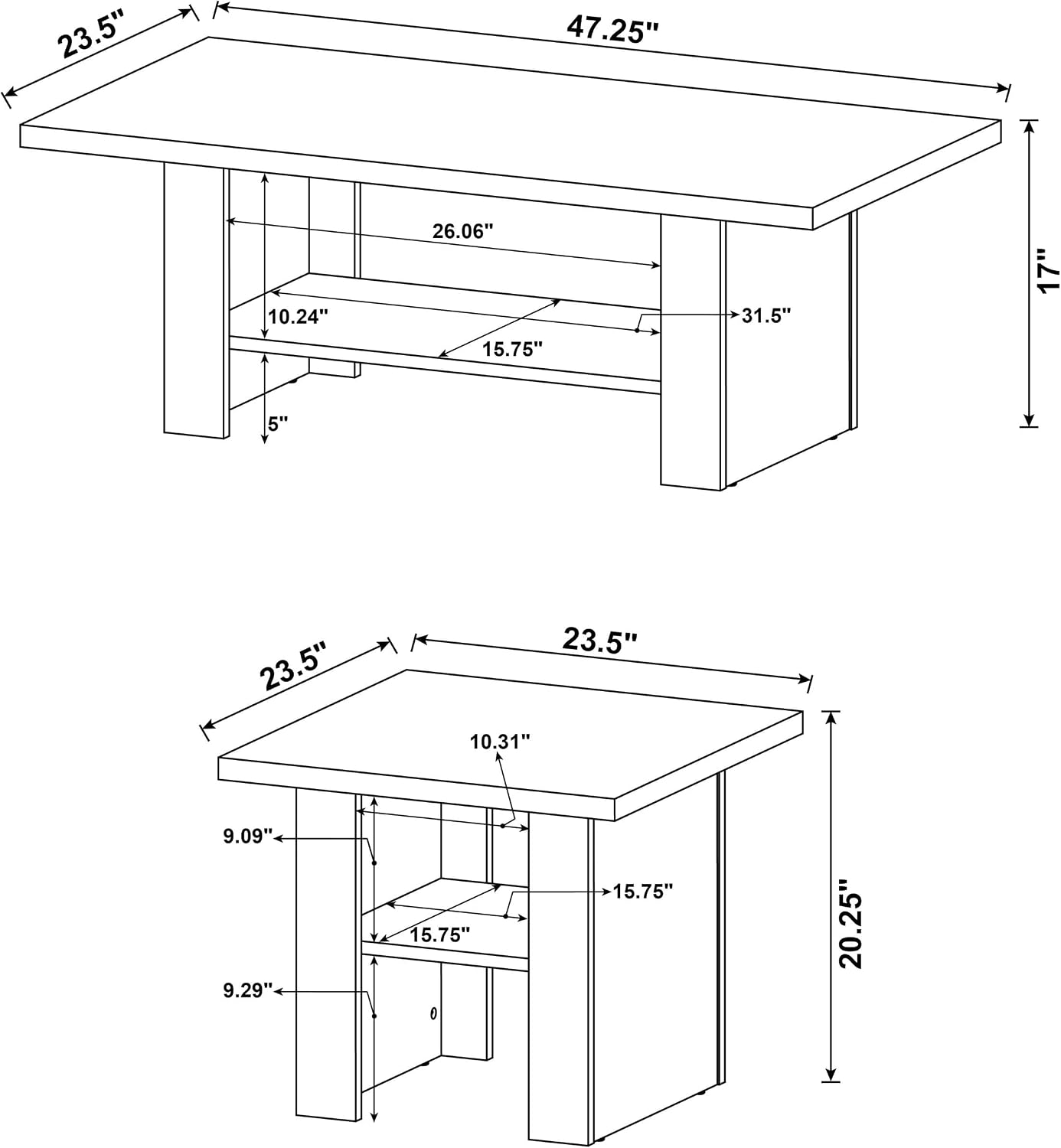 Bowery Hill 3 Piece Coffee Table Set, Black Oak Finish, Hollow Board and Particle Board Construction, Includes Coffee Table and 2 End Tables, Storage Shelves, Contemporary Style for Modern Living Room