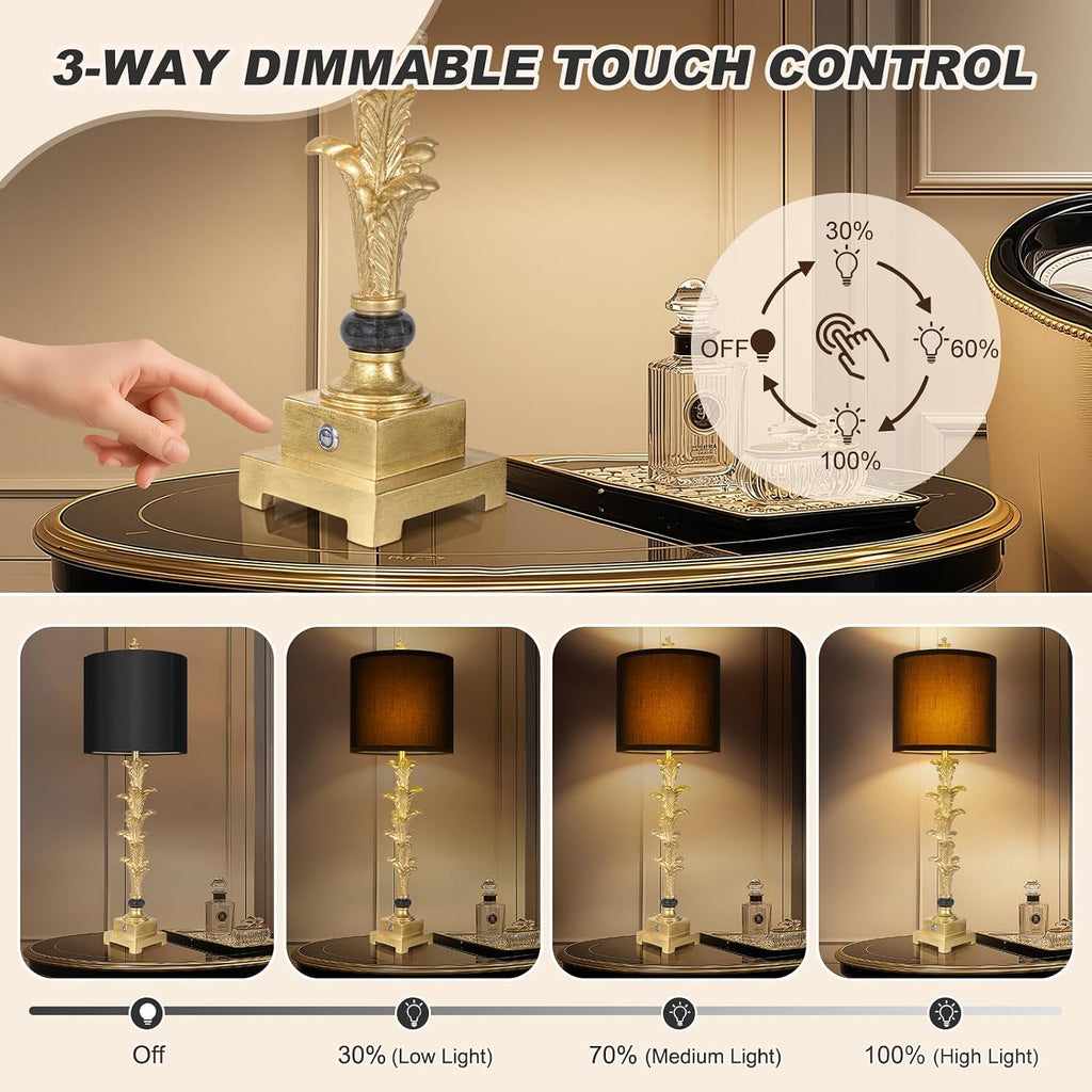 Table Lamps Set of 2 for Living Room, 3-Way Dimmable Touch Buffet Lamps with USB A+C Ports, Gold Leaf Finish Bedside Lamps with Black Linen Shades, Modern Nightstand Lamp for Bedroom Office Entryway