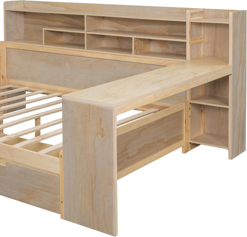 SOFTSEA Full Size Daybed with Storage Bookcase & Drawers, Wood Daybed with Study Desk and Storage Shelves for Kids Teens Adults, Full Corner Bed Frame with Storage Headboard, Antique Natural