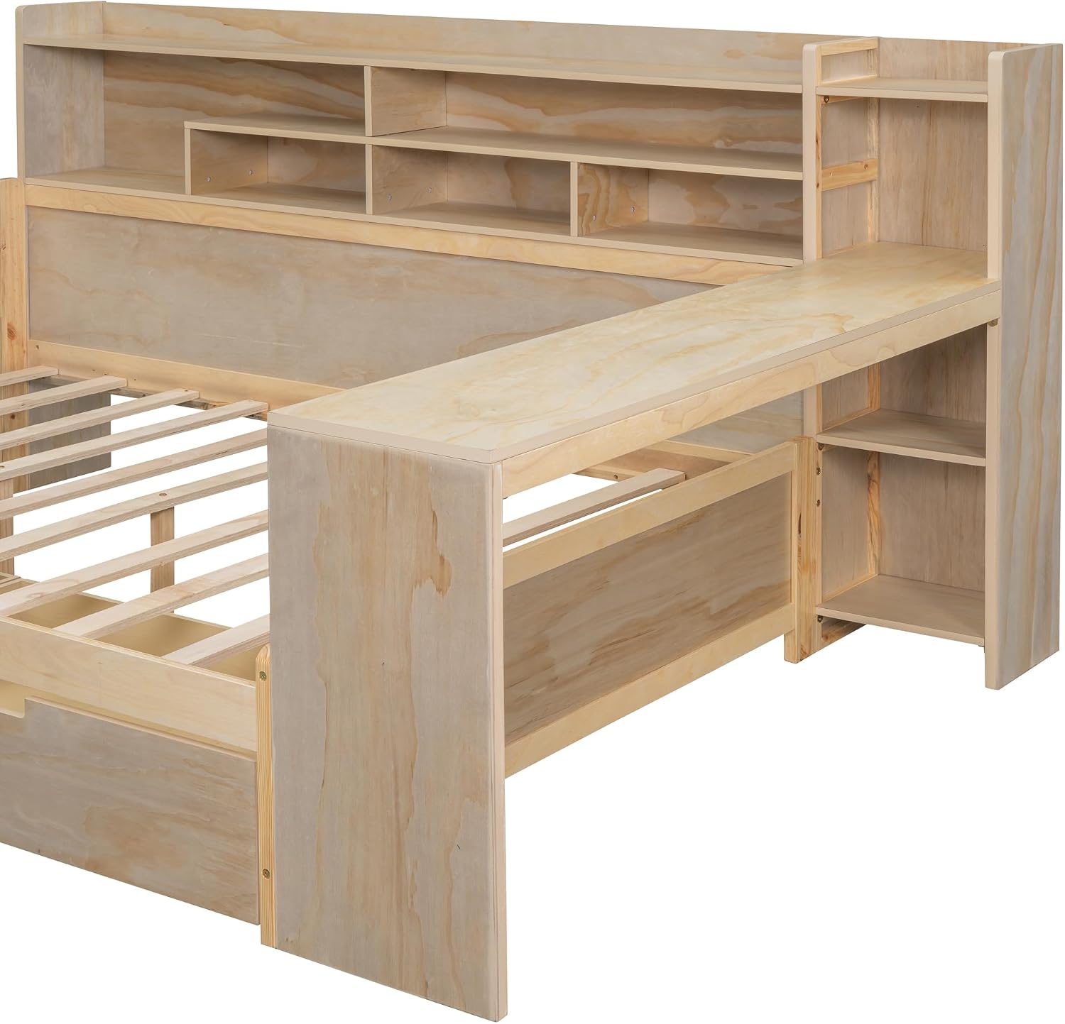 SOFTSEA Full Size Daybed with Storage Bookcase & Drawers, Wood Daybed with Study Desk and Storage Shelves for Kids Teens Adults, Full Corner Bed Frame with Storage Headboard, Antique Natural