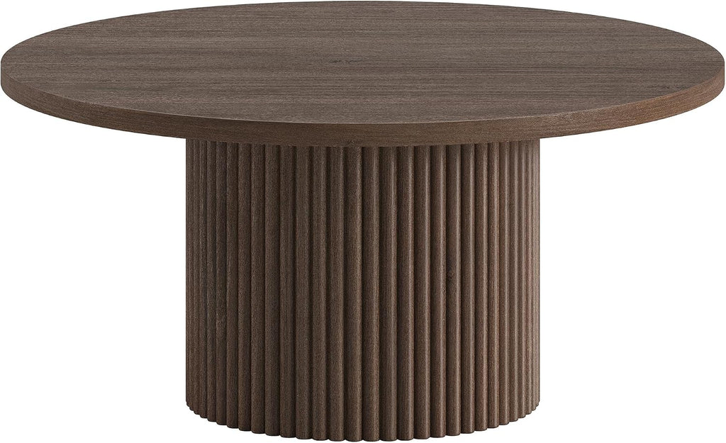 Henn&Hart 32' Fluted Round Pedestal Low-Profile Coffee Table for Living Room, Family Room, Office, or Apartment, Heritage Oak