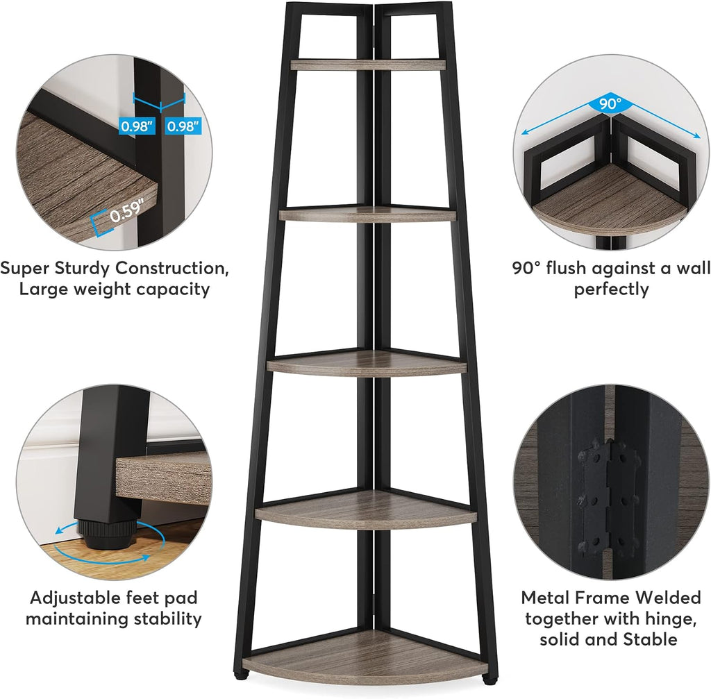 Tribesigns 70 inch Tall Corner Shelf, 5 Tier Industrial Corner Bookshelf Bookcase Industrial Corner Ladder Shelf Plant Stand for Living Room, Kitchen, Home Office (Grey)