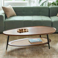 AGV LIGHTING Oval Coffee Table with Storage Shelf, 47' Mid Century Modern Coffee Table for Living Room, Walnut Wood Finish MDF Top with Rattan Shelf