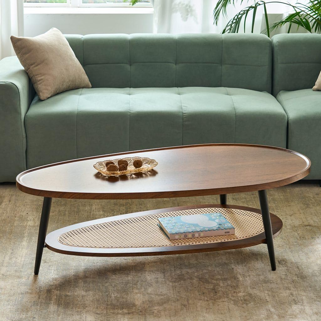 AGV LIGHTING Oval Coffee Table with Storage Shelf, 47' Mid Century Modern Coffee Table for Living Room, Walnut Wood Finish MDF Top with Rattan Shelf