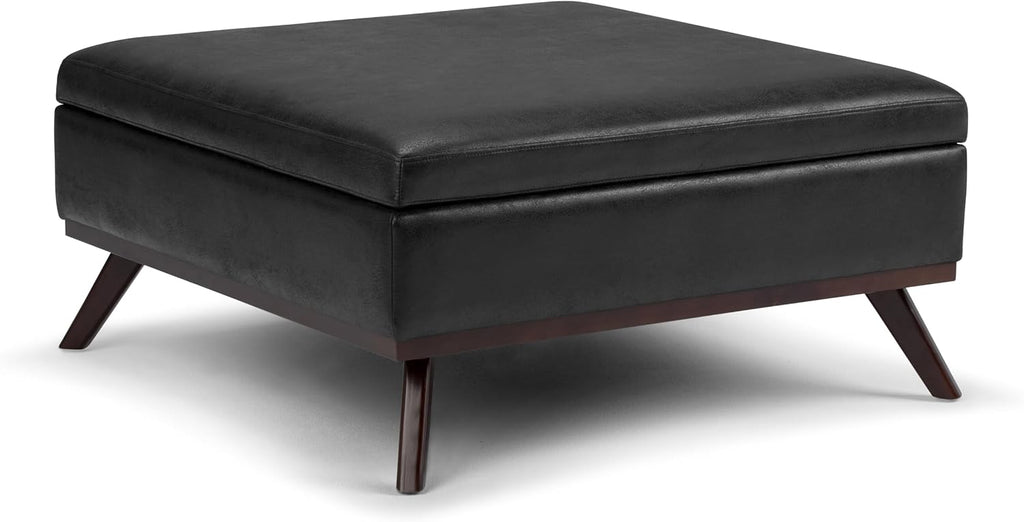 SIMPLIHOME Owen Square Coffee Table Storage Ottoman - 36 inch Wide Upholstered Vegan Leather Lift-Top Ottoman in Distressed Black, Mid-Century Modern Ottoman for Living Room with Tufted Detail