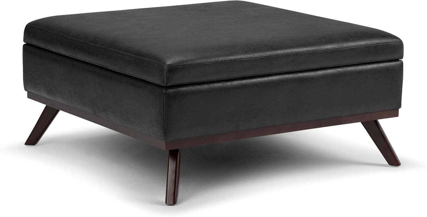 SIMPLIHOME Owen Square Coffee Table Storage Ottoman - 36 inch Wide Upholstered Vegan Leather Lift-Top Ottoman in Distressed Black, Mid-Century Modern Ottoman for Living Room with Tufted Detail