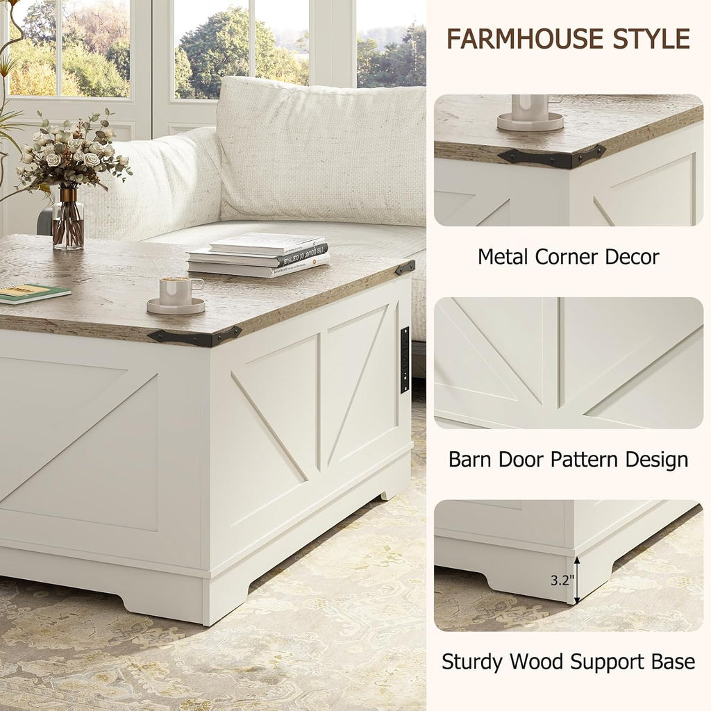 EAG 40' Large Farmhouse Lift Top Coffee Table with Hidden Compartment & Power Outlets, Square Wooden Coffee Table with Multi-Function Flip-Top Ample Storage Center Table for Living Room, White