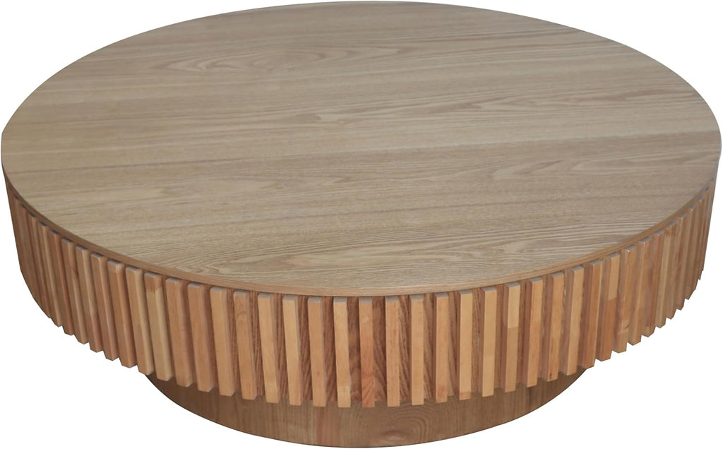39.37'' Round Coffee Table Modern Wood Circle Fluted Drum Pedestal Coffee Table with Storage Space for Living Room, Easy Assembly, Wood