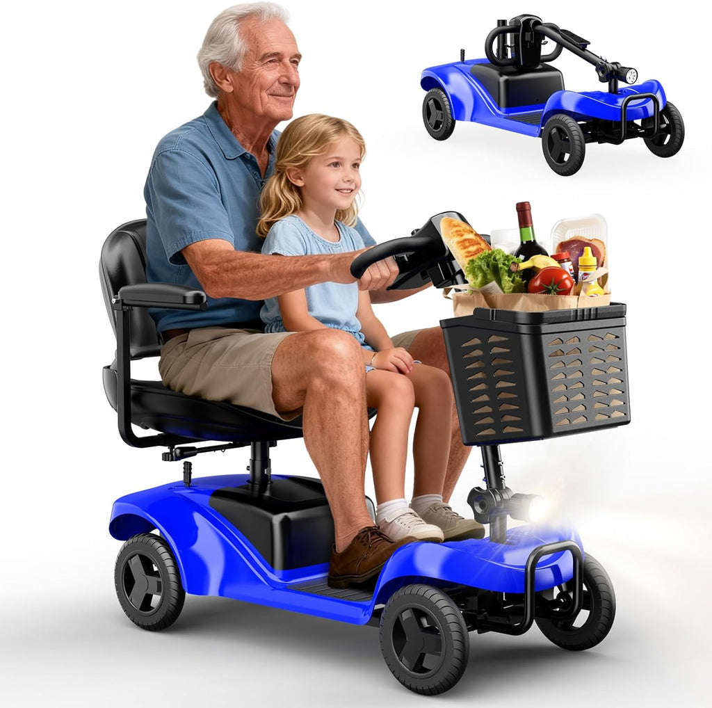 Mobility Scooter,4 Wheel Mobility Scooter,28 Miles Range,300W Motor, 300LBS Capacity,Lightweight and Portable,with LED Headlights and Basket,Charger Included,Blue