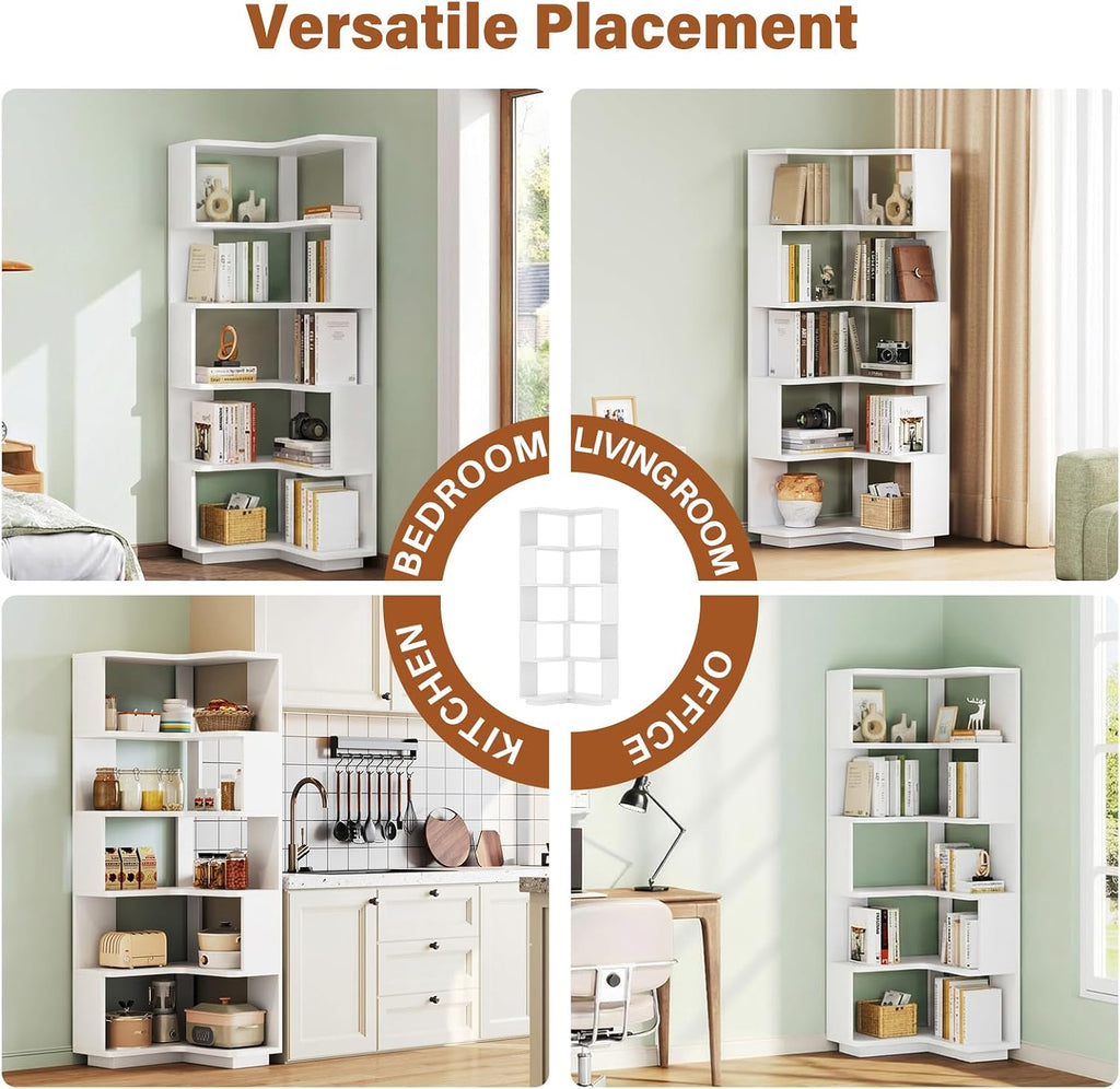 CozyDH Corner Book Shelf, 5 Tier Corner Bookshelf Etagere Bookcase with Baffle, Freestanding L Shaped Display Shelf Stand for Home Office, Living Room, Bedroom, Kitchen, White