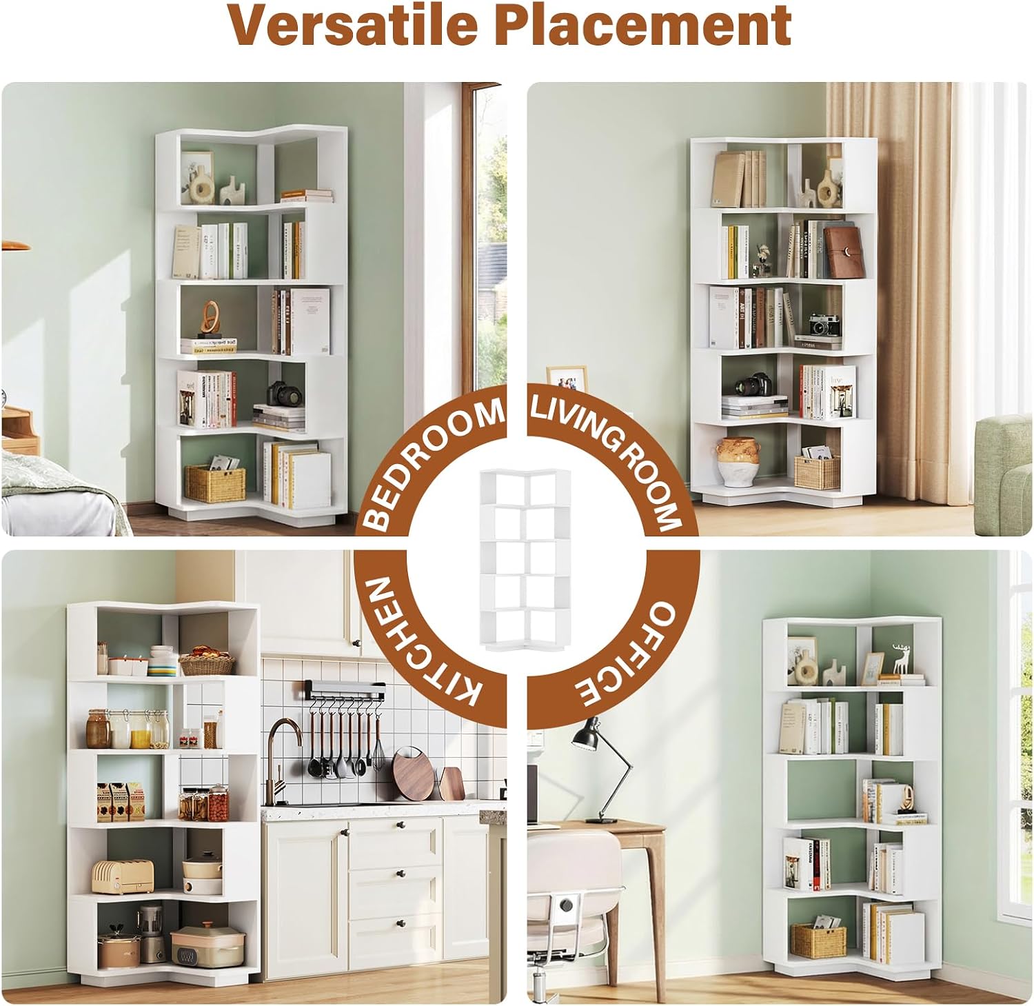 CozyDH Corner Book Shelf, 5 Tier Corner Bookshelf Etagere Bookcase with Baffle, Freestanding L Shaped Display Shelf Stand for Home Office, Living Room, Bedroom, Kitchen, White