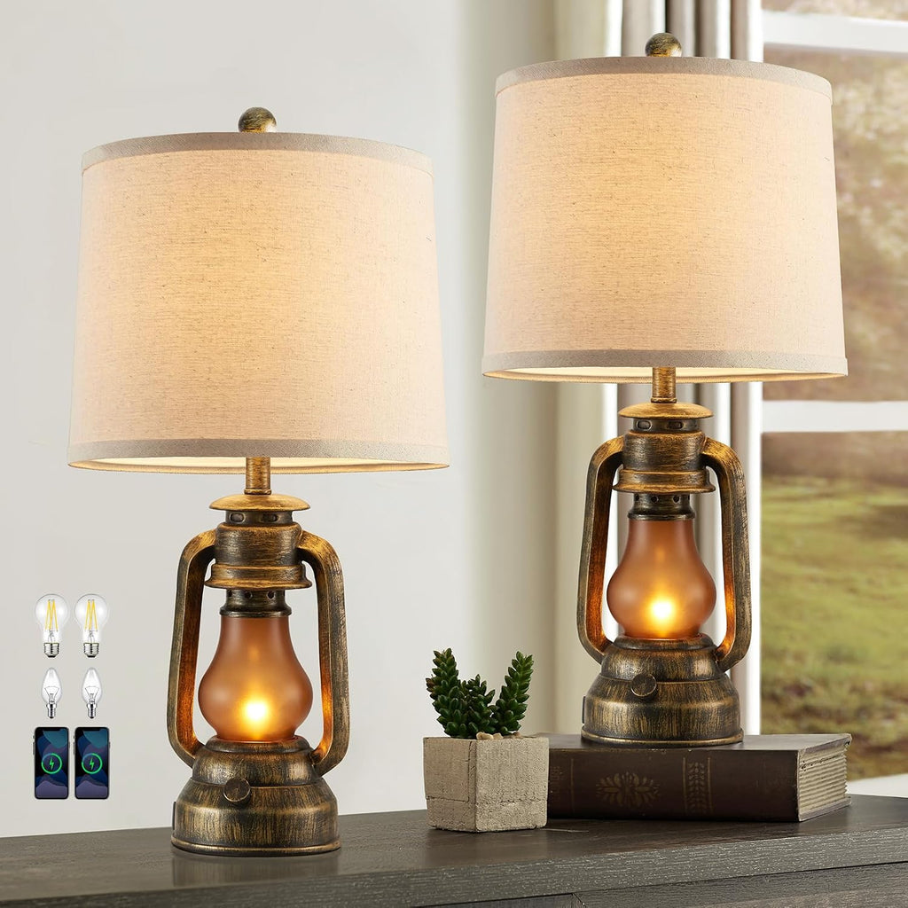 Set of 2 Farmhouse Lantern Table Lamps for Living Room with 2 USB Charging Ports, Rustic Vintage Nightstand Lamps with Nightlight for Bedroom End Table Entryway, 4 Bulb Included
