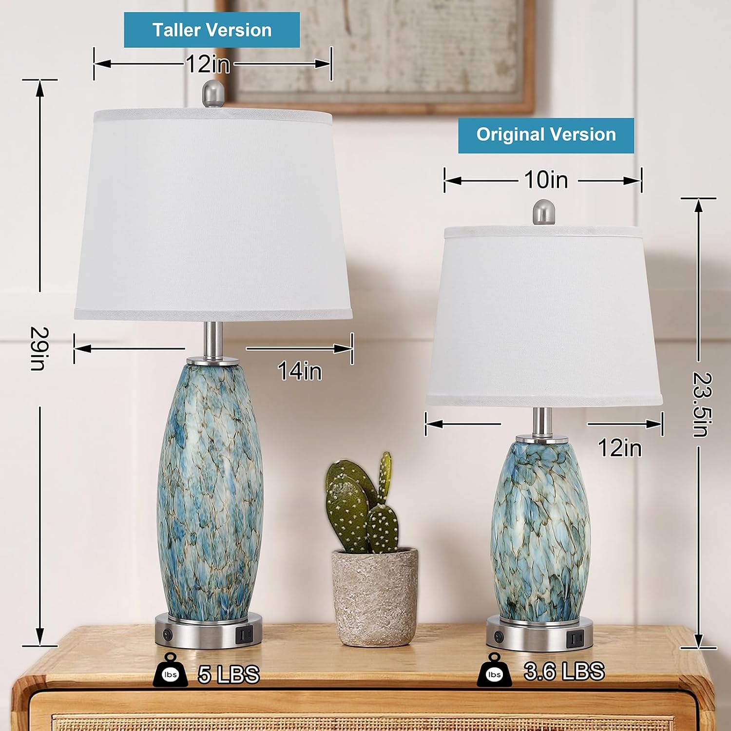 29' Tall Table Lamps Set of 2, Large Modern Lamps for Bedroom with Nightlight, Coastal Bedside Lamps with USB C+A, Glass Nightstand Table Lamps for Living Room, Bulbs Included