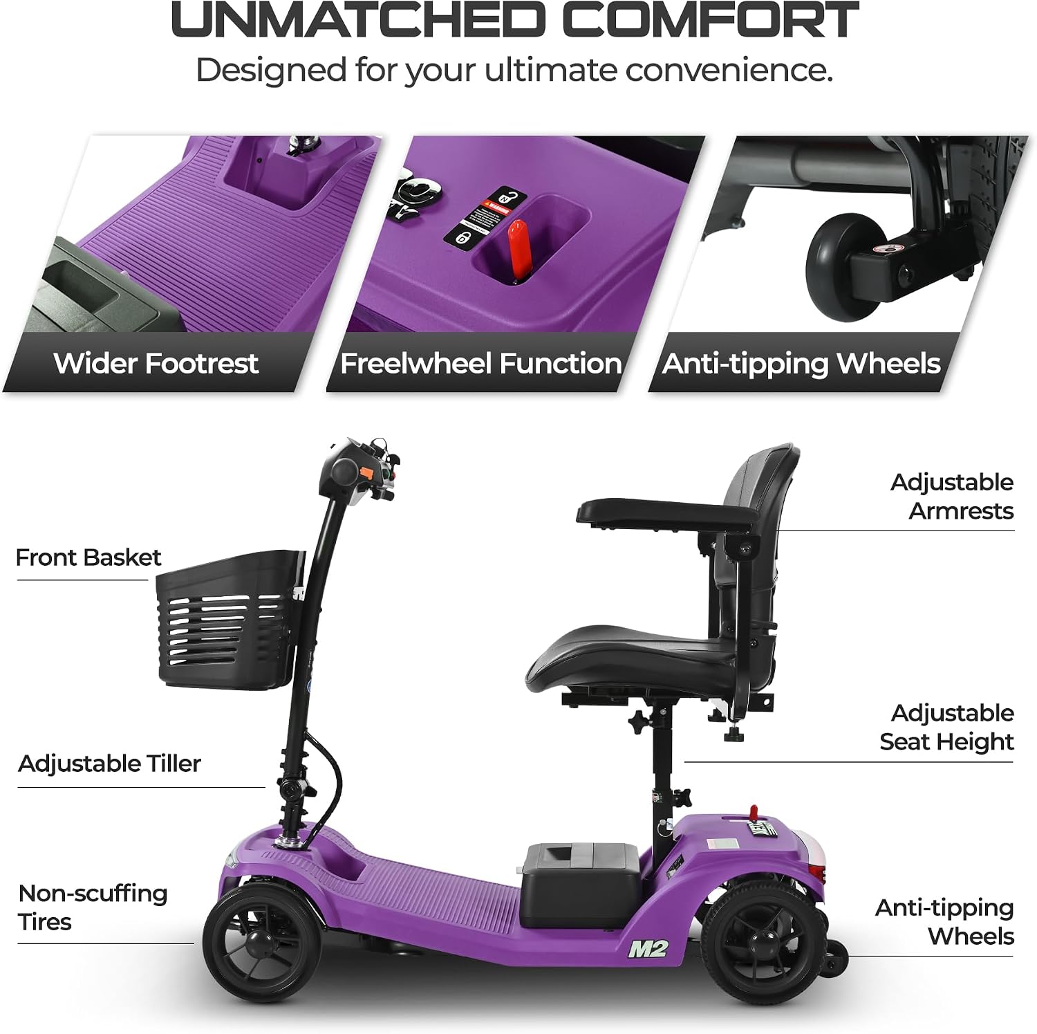 Mobility Scooters for Seniors & Adults 350 Lb Weight Foldable,All-Terrain 4-Wheel Powered Scooter,Lightweight Foldable Disability Electric Wheelchair,Front Rear Led Lights with Basket,Purple