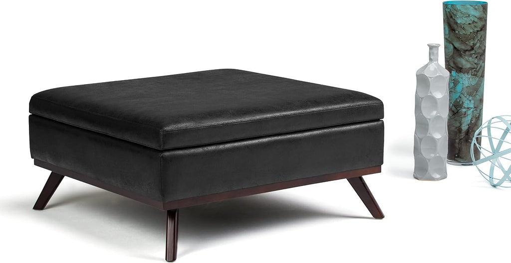 SIMPLIHOME Owen Square Coffee Table Storage Ottoman - 36 inch Wide Upholstered Vegan Leather Lift-Top Ottoman in Distressed Black, Mid-Century Modern Ottoman for Living Room with Tufted Detail